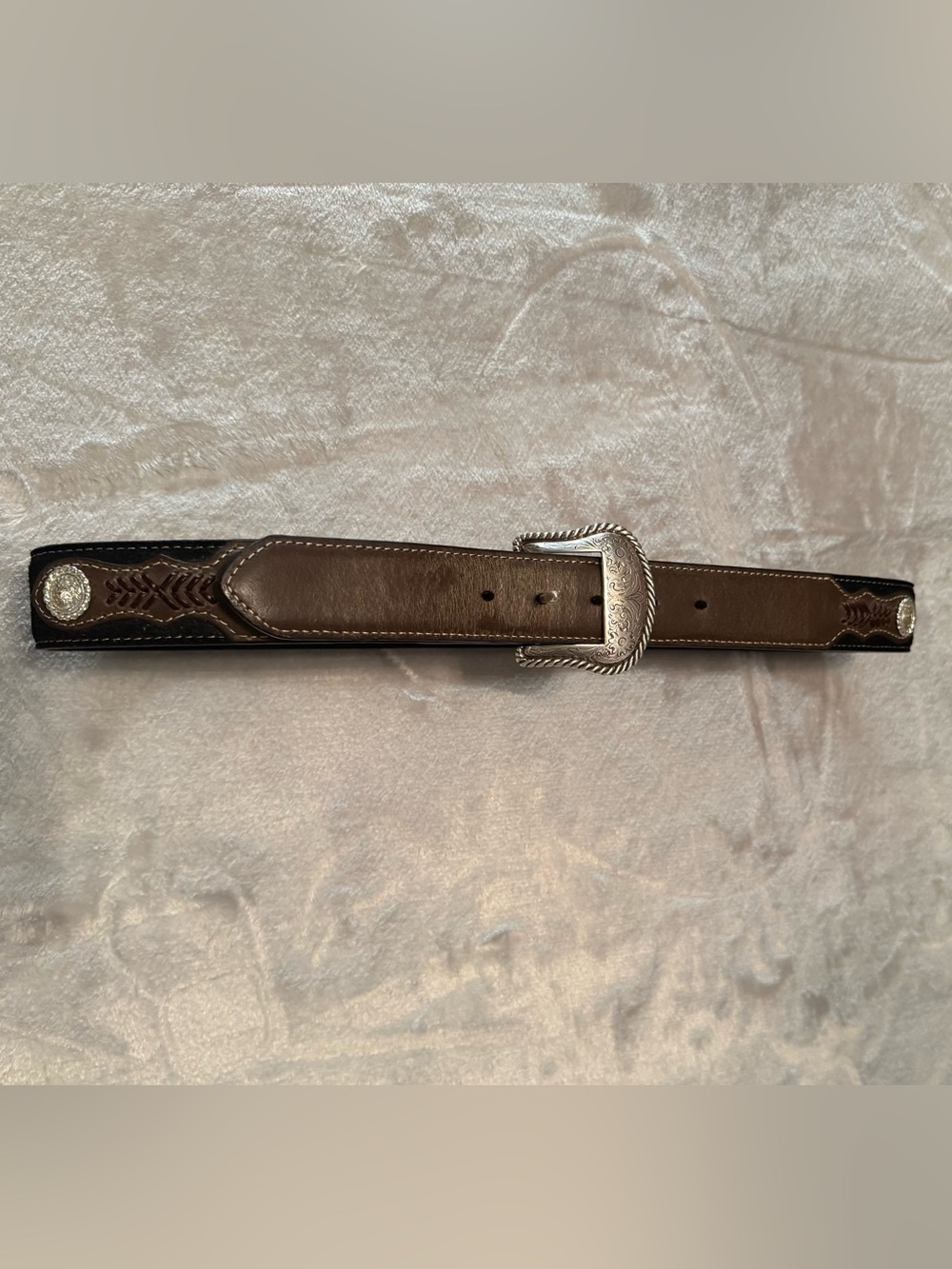 Nocona Brown/Black Leather Western Belt with Silver Buckle & Woven Accents Sz 36 - Picture 4 of 7